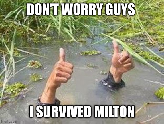 I survived | DON’T WORRY GUYS; I SURVIVED MILTON | image tagged in flooding thumbs up,memes,funny,humor,thumbs up | made w/ Imgflip meme maker