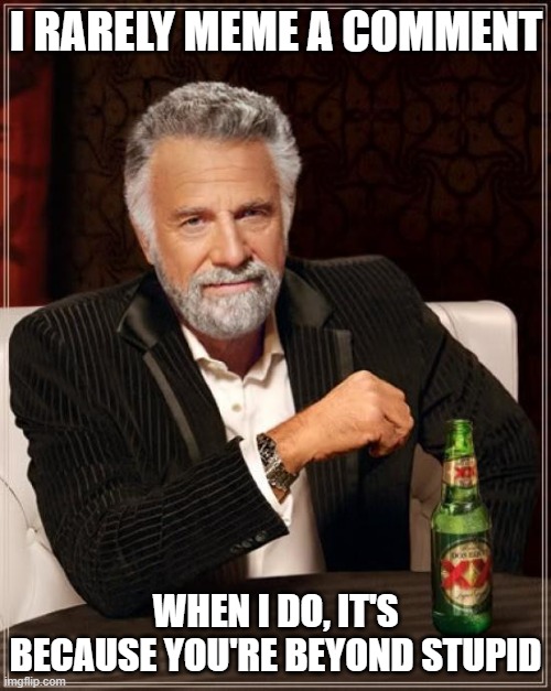 The Most Interesting Man In The World | I RARELY MEME A COMMENT; WHEN I DO, IT'S BECAUSE YOU'RE BEYOND STUPID | image tagged in memes,the most interesting man in the world | made w/ Imgflip meme maker