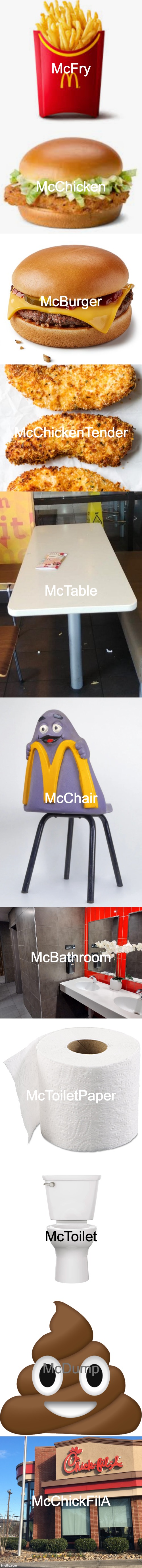 McTitle | McFry; McChicken; McBurger; McChickenTender; McTable; McChair; McBathroom; McToiletPaper; McToilet; McDump; McChickFilA | image tagged in memes,funny,funny memes,fun,mcdonalds,mcdonald's | made w/ Imgflip meme maker