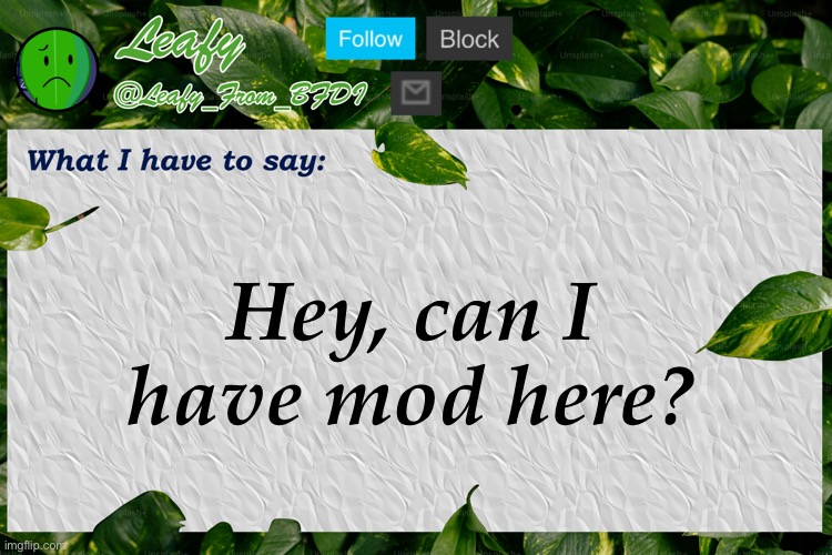 Leafy Announcement Template | Hey, can I have mod here? | image tagged in leafy announcement template | made w/ Imgflip meme maker