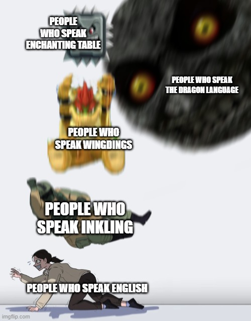 Crushing Combo | PEOPLE WHO SPEAK ENCHANTING TABLE; PEOPLE WHO SPEAK THE DRAGON LANGUAGE; PEOPLE WHO SPEAK WINGDINGS; PEOPLE WHO SPEAK INKLING; PEOPLE WHO SPEAK ENGLISH | image tagged in crushing combo | made w/ Imgflip meme maker