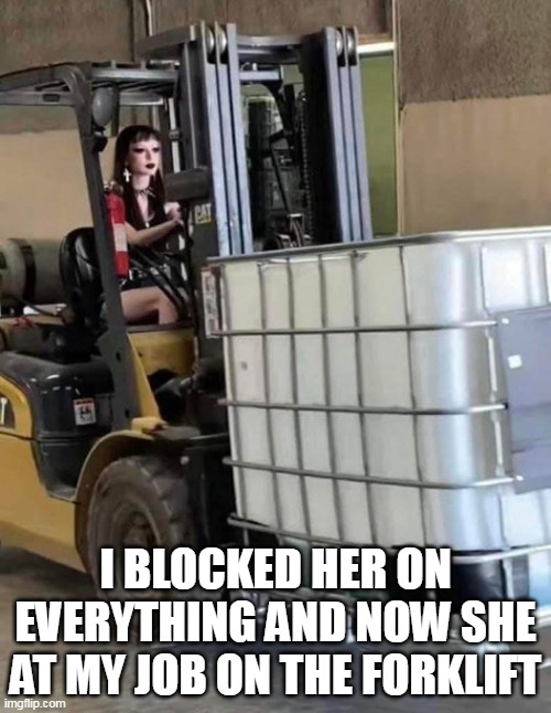 I blocked her on EVERYTHING and now she at my job on the forklift | I BLOCKED HER ON EVERYTHING AND NOW SHE AT MY JOB ON THE FORKLIFT | image tagged in goth girl,funny,forklift,job,ex girlfriend | made w/ Imgflip meme maker