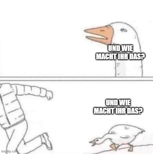 Goose Chase | UND WIE MACHT IHR DAS? UND WIE MACHT IHR DAS? | image tagged in goose chase | made w/ Imgflip meme maker