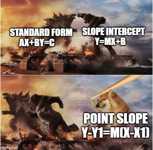 Kong Godzilla Doge | SLOPE INTERCEPT Y=MX+B; STANDARD FORM AX+BY=C; POINT SLOPE Y-Y1=M(X-X1) | image tagged in kong godzilla doge | made w/ Imgflip meme maker