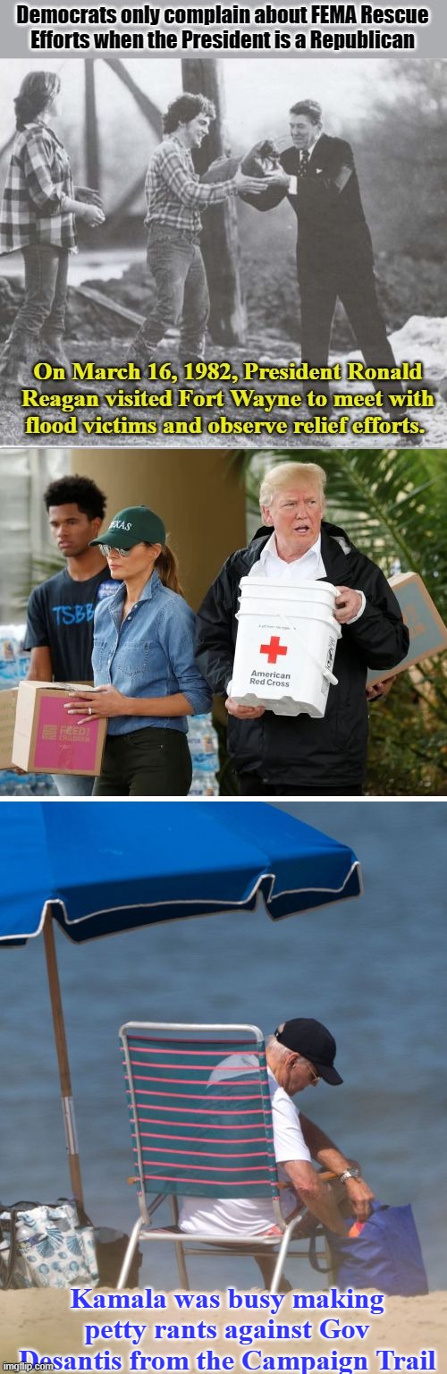 In a Country Controlled by Left Wing Media, what is the truth about Disaster Recovery? | Kamala was busy making petty rants against Gov Desantis from the Campaign Trail | image tagged in fema,reagan,biden | made w/ Imgflip meme maker