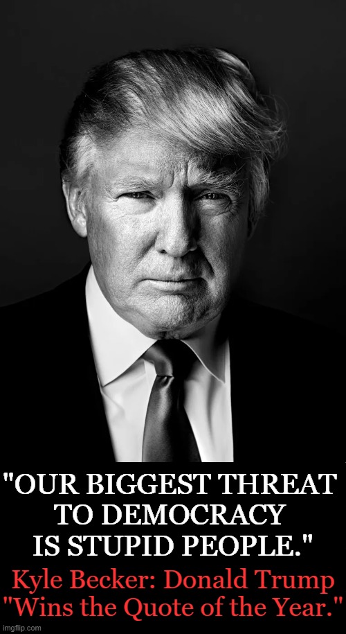 This man cannot be bought & is the ONE MAN who can SAVE AMERICA. | "OUR BIGGEST THREAT 
TO DEMOCRACY 
IS STUPID PEOPLE."; Kyle Becker: Donald Trump
"Wins the Quote of the Year." | image tagged in donald trump,potus,elect him for a third time,tells it like it is,america,uncensored | made w/ Imgflip meme maker