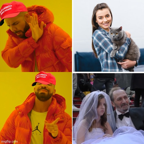 Conservatives hate "childless catladies" but are ok with creepy older men marrying children | image tagged in memes,drake hotline bling,conservative hypocrisy,misogyny,child abuse,pedophilia | made w/ Imgflip meme maker