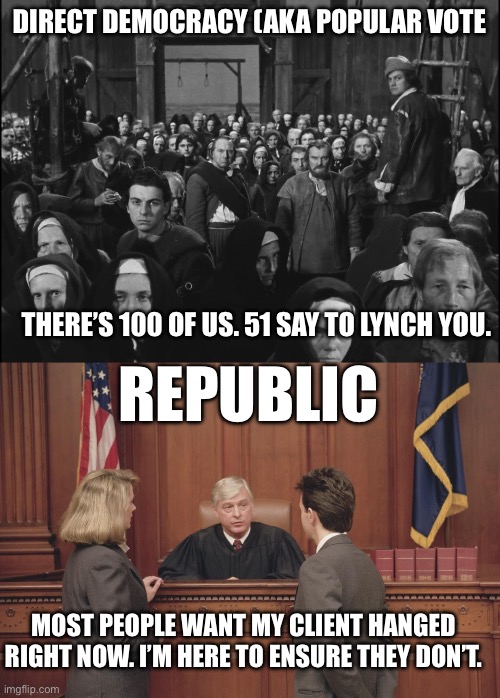 DIRECT DEMOCRACY (AKA POPULAR VOTE THERE’S 100 OF US. 51 SAY TO LYNCH YOU. REPUBLIC MOST PEOPLE WANT MY CLIENT HANGED RIGHT NOW. I’M HERE TO | image tagged in lynching mob,courtroom | made w/ Imgflip meme maker