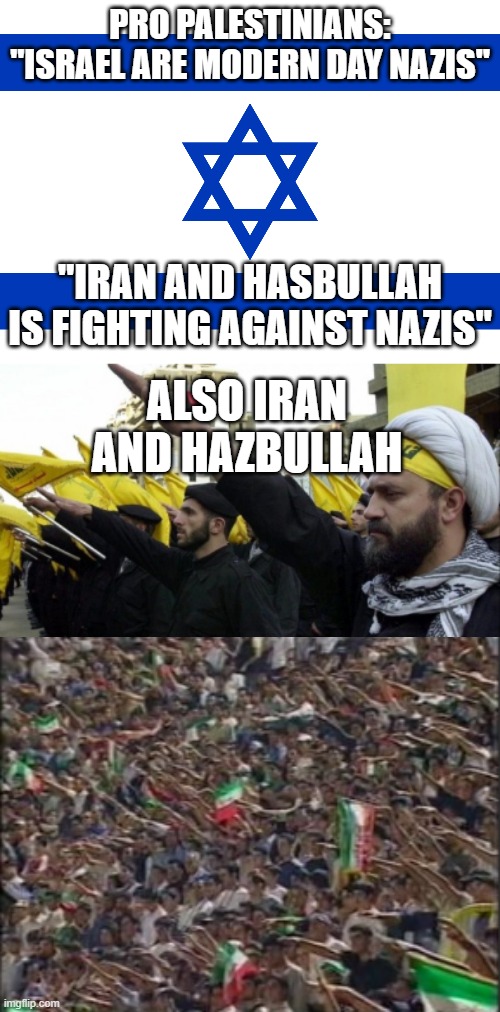 And they will still think Israel are the nazis. | PRO PALESTINIANS: "ISRAEL ARE MODERN DAY NAZIS"; "IRAN AND HASBULLAH IS FIGHTING AGAINST NAZIS"; ALSO IRAN AND HAZBULLAH | image tagged in israeli flag,israel,palestine,nazi,iran,terrorism | made w/ Imgflip meme maker