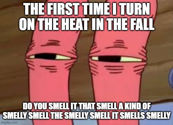 Mr. Krabs Smelly Smell | THE FIRST TIME I TURN ON THE HEAT IN THE FALL; DO YOU SMELL IT THAT SMELL A KIND OF SMELLY SMELL THE SMELLY SMELL IT SMELLS SMELLY | image tagged in mr krabs smelly smell | made w/ Imgflip meme maker