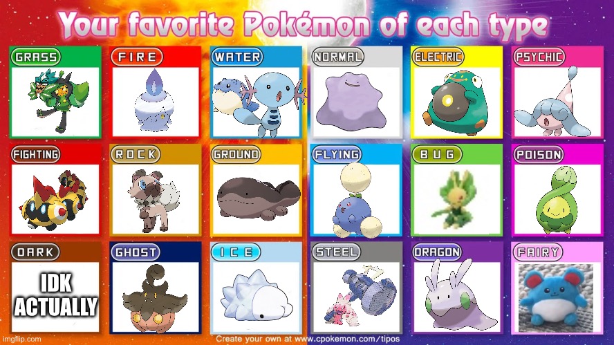 this except I couldn’t decide for water and couldn’t think of one for dark | IDK ACTUALLY | image tagged in your favorite pokemon of each type | made w/ Imgflip meme maker