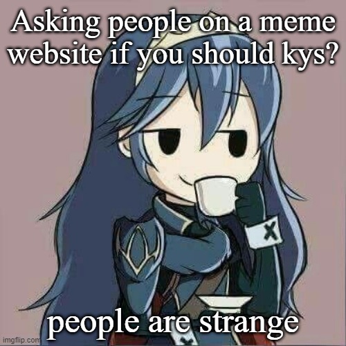 Lucina sipping tea | Asking people on a meme website if you should kys? people are strange | image tagged in lucina sipping tea | made w/ Imgflip meme maker
