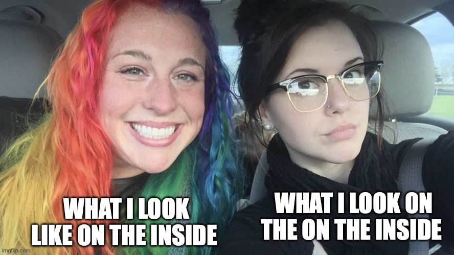 rainbow hair and goth | WHAT I LOOK LIKE ON THE INSIDE; WHAT I LOOK ON THE ON THE INSIDE | image tagged in rainbow hair and goth | made w/ Imgflip meme maker