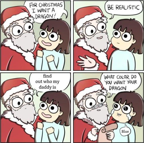 For Christmas I Want a Dragon | find out who my daddy is; Blue | image tagged in for christmas i want a dragon,slavic | made w/ Imgflip meme maker