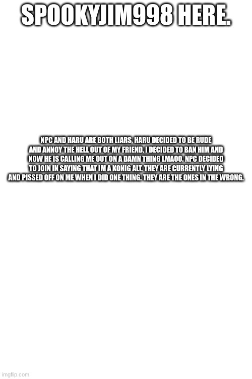 Update, Im a mod in msmg. | SPOOKYJIM998 HERE. NPC AND HARU ARE BOTH LIARS, HARU DECIDED TO BE RUDE AND ANNOY THE HELL OUT OF MY FRIEND, I DECIDED TO BAN HIM AND NOW HE IS CALLING ME OUT ON A DAMN THING LMAOO. NPC DECIDED TO JOIN IN SAYING THAT IM A KONIG ALT. THEY ARE CURRENTLY LYING AND PISSED OFF ON ME WHEN I DID ONE THING. THEY ARE THE ONES IN THE WRONG. | image tagged in allegations | made w/ Imgflip meme maker
