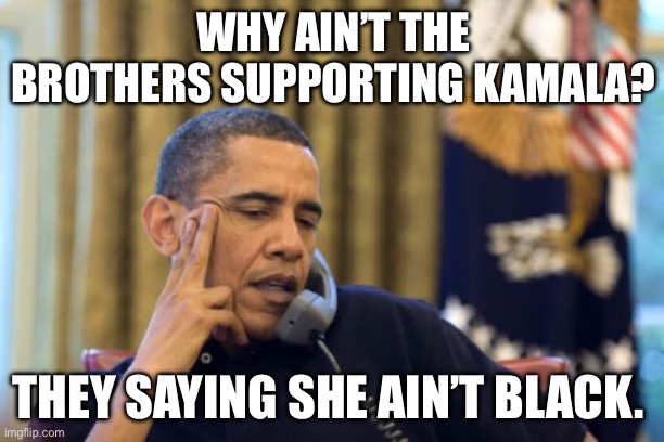 She ain’t black | WHY AIN’T THE BROTHERS SUPPORTING KAMALA? THEY SAYING SHE AIN’T BLACK. | image tagged in memes,no i can't obama,kamala harris,democrats,politics,political meme | made w/ Imgflip meme maker