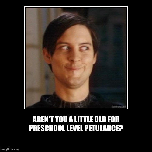 Aren't you a little old for this? | AREN'T YOU A LITTLE OLD FOR
PRESCHOOL LEVEL PETULANCE? | image tagged in insults,bullying,immature,fun | made w/ Imgflip meme maker