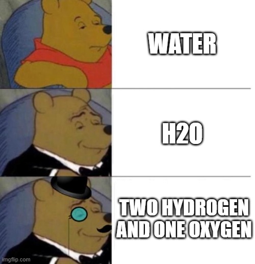 True and Water | WATER; H2O; TWO HYDROGEN AND ONE OXYGEN | image tagged in tuxedo winnie the pooh 3 panel,science,water,tuxedo winnie the pooh | made w/ Imgflip meme maker