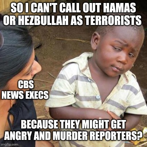 They'll fire you | SO I CAN'T CALL OUT HAMAS OR HEZBULLAH AS TERRORISTS; CBS NEWS EXECS; BECAUSE THEY MIGHT GET ANGRY AND MURDER REPORTERS? | image tagged in memes,third world skeptical kid | made w/ Imgflip meme maker