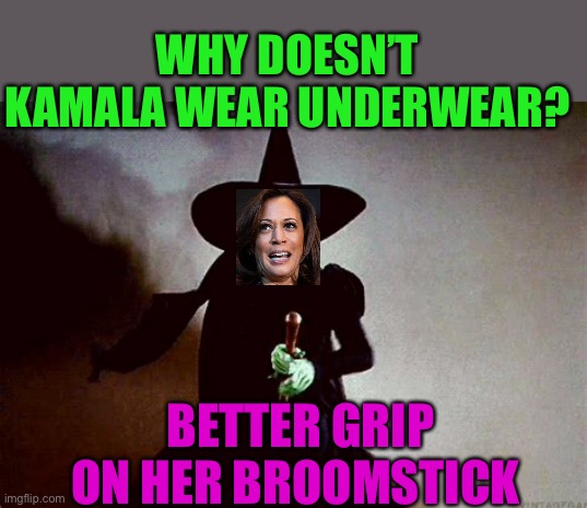 Kampala’s Grip | WHY DOESN’T KAMALA WEAR UNDERWEAR? BETTER GRIP ON HER BROOMSTICK | image tagged in gifs,kamala harris,democrats,witch,incompetence | made w/ Imgflip meme maker