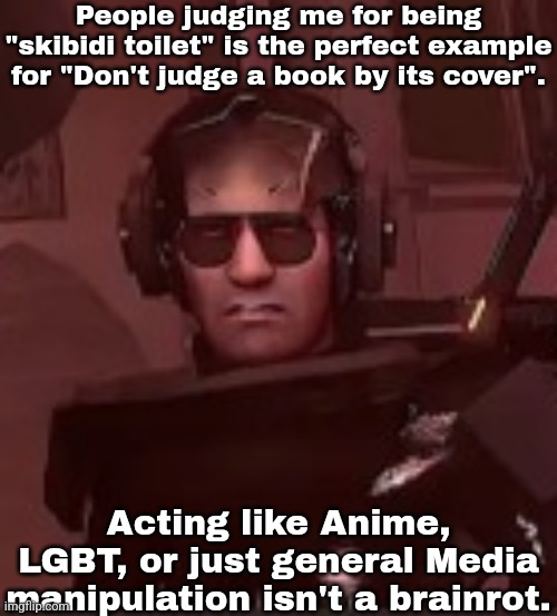 When are you gonna get it? | People judging me for being "skibidi toilet" is the perfect example for "Don't judge a book by its cover". Acting like Anime, LGBT, or just general Media manipulation isn't a brainrot. | made w/ Imgflip meme maker