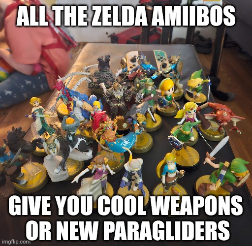 ALL THE ZELDA AMIIBOS GIVE YOU COOL WEAPONS 
OR NEW PARAGLIDERS | made w/ Imgflip meme maker