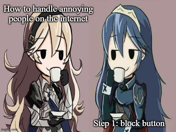 Lucina and Corrin sipping tea | How to handle annoying people on the internet; Step 1: block button | image tagged in lucina and corrin sipping tea | made w/ Imgflip meme maker