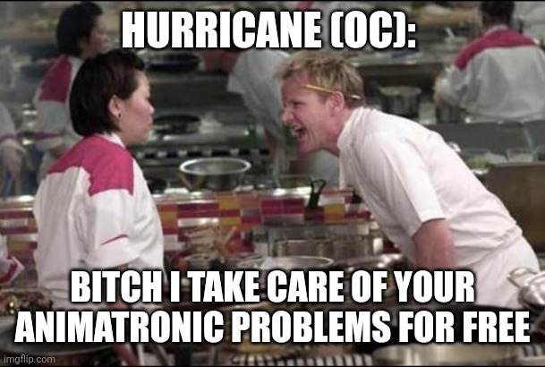 Angry Chef Gordon Ramsay Meme | HURRICANE (OC): BITCH I TAKE CARE OF YOUR ANIMATRONIC PROBLEMS FOR FREE | image tagged in memes,angry chef gordon ramsay | made w/ Imgflip meme maker