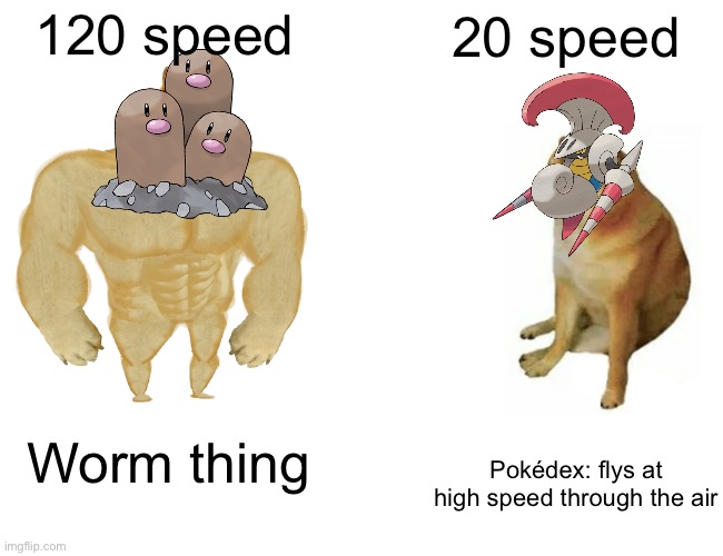 Buff Doge vs. Cheems | 120 speed; 20 speed; Worm thing; Pokédex: flys at high speed through the air | image tagged in memes,buff doge vs cheems | made w/ Imgflip meme maker