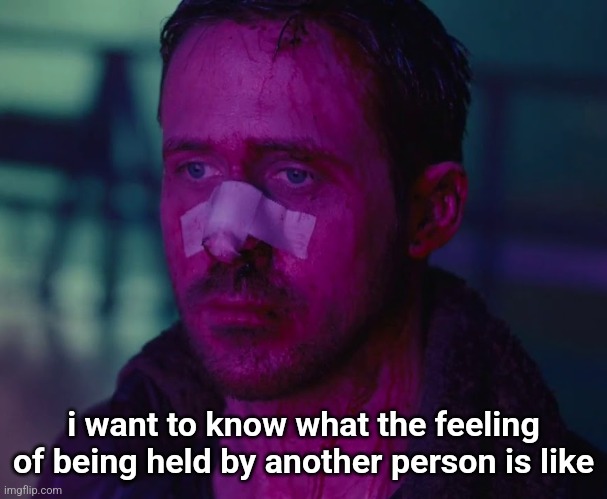 im lonely man | i want to know what the feeling of being held by another person is like | image tagged in sad ryan gosling | made w/ Imgflip meme maker