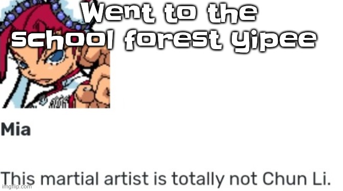 The | Went to the school forest yipee | image tagged in british chun li | made w/ Imgflip meme maker