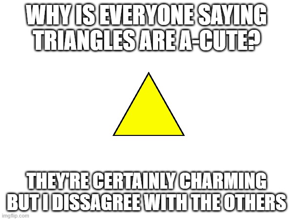 A-Cute Triangle | WHY IS EVERYONE SAYING TRIANGLES ARE A-CUTE? THEY'RE CERTAINLY CHARMING BUT I DISSAGREE WITH THE OTHERS | image tagged in triangle,joke | made w/ Imgflip meme maker