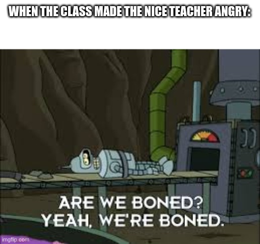 Were boned | WHEN THE CLASS MADE THE NICE TEACHER ANGRY: | image tagged in were boned,meme | made w/ Imgflip meme maker