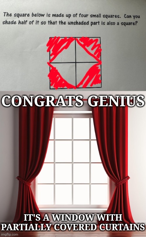 Windows with curtains | CONGRATS GENIUS; IT'S A WINDOW WITH PARTIALLY COVERED CURTAINS | image tagged in window,windows,curtains,memes,squares,square | made w/ Imgflip meme maker