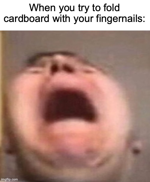 trim your fingernails dummy | When you try to fold cardboard with your fingernails: | image tagged in memes,relatable memes,oh wow are you actually reading these tags,stop reading the tags | made w/ Imgflip meme maker