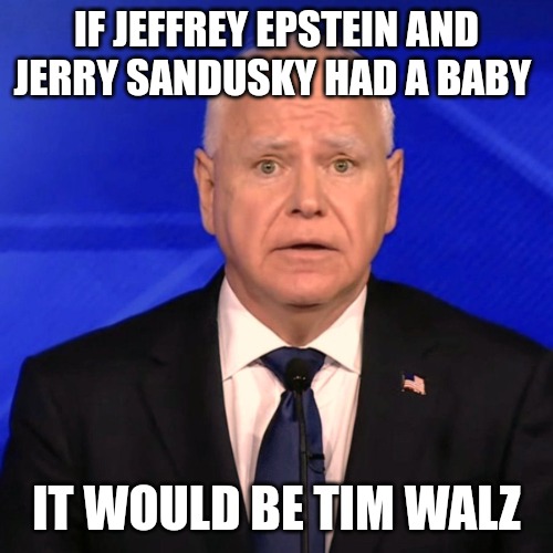 Tim Walz | IF JEFFREY EPSTEIN AND JERRY SANDUSKY HAD A BABY; IT WOULD BE TIM WALZ | image tagged in tim walz debate 2024 | made w/ Imgflip meme maker