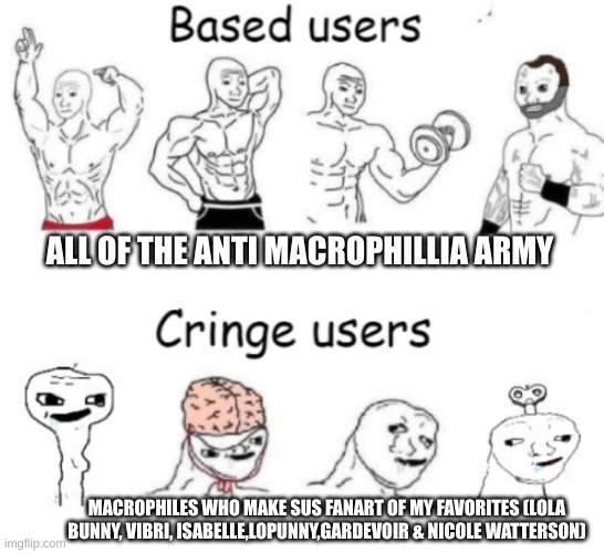 Based users v.s. cringe users | ALL OF THE ANTI MACROPHILLIA ARMY; MACROPHILES WHO MAKE SUS FANART OF MY FAVORITES (LOLA BUNNY, VIBRI, ISABELLE,LOPUNNY,GARDEVOIR & NICOLE WATTERSON) | image tagged in based users v s cringe users | made w/ Imgflip meme maker