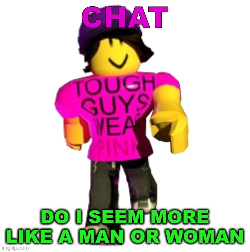 Just wanna know | CHAT; DO I SEEM MORE LIKE A MAN OR WOMAN | image tagged in tough guys wear pink | made w/ Imgflip meme maker