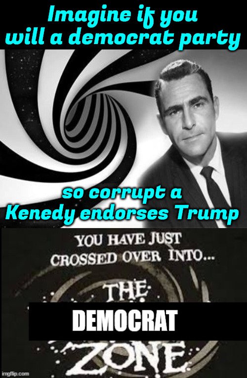 The Democrat Zone | Imagine if you will a democrat party so corrupt a Kenedy endorses Trump | image tagged in the democrat zone | made w/ Imgflip meme maker