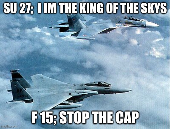 su 27 and f 15 | SU 27;  I IM THE KING OF THE SKYS; F 15; STOP THE CAP | image tagged in su 27 and f 15 flying close | made w/ Imgflip meme maker