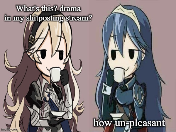 Lucina and Corrin sipping tea | What's this? drama in my shitposting stream? how un-pleasant | image tagged in lucina and corrin sipping tea | made w/ Imgflip meme maker