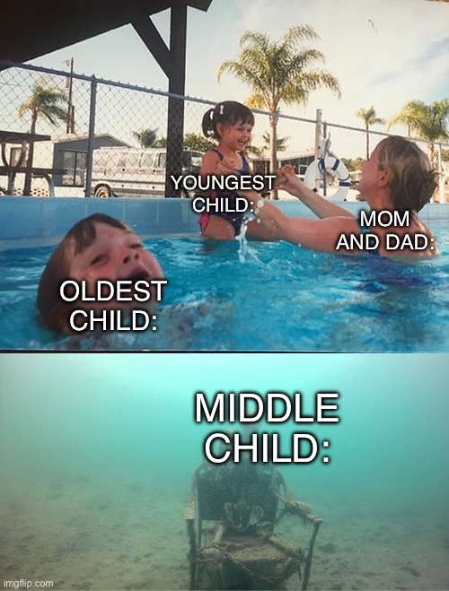 Mother Ignoring Kid Drowning In A Pool | YOUNGEST CHILD:; MOM AND DAD:; OLDEST CHILD:; MIDDLE CHILD: | image tagged in mother ignoring kid drowning in a pool | made w/ Imgflip meme maker