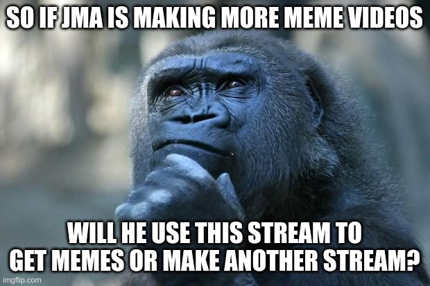 There is no title | SO IF JMA IS MAKING MORE MEME VIDEOS; WILL HE USE THIS STREAM TO GET MEMES OR MAKE ANOTHER STREAM? | image tagged in deep thoughts | made w/ Imgflip meme maker