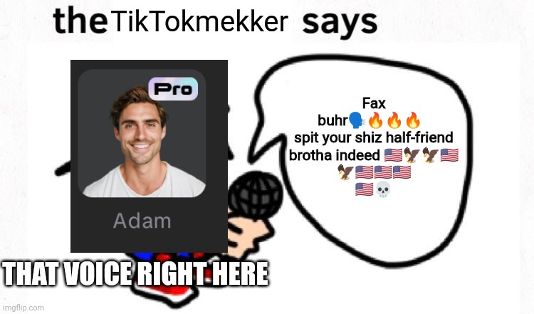 TikTokmekker be like with his goofy ahh satire shiz fnor buhr :]]/] | TikTokmekker; Fax buhr🗣️🔥🔥🔥  
spit your shiz half-friend brotha indeed 🇺🇲🦅🦅🇺🇲
🦅🇺🇲🇺🇲🇺🇲
🇺🇲💀; THAT VOICE RIGHT HERE | image tagged in the boyfriend says,memes,tiktokmekker | made w/ Imgflip meme maker