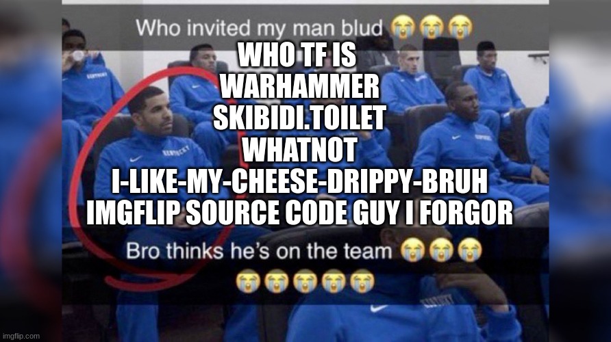 also I'm global banned for 3 hrs | WHO TF IS 
WARHAMMER
SKIBIDI.TOILET
WHATNOT
I-LIKE-MY-CHEESE-DRIPPY-BRUH
IMGFLIP SOURCE CODE GUY I FORGOR | image tagged in who invited my man blud | made w/ Imgflip meme maker