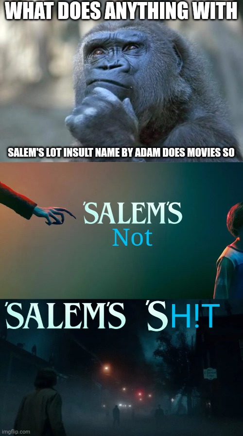 WHAT DOES ANYTHING WITH; SALEM'S LOT INSULT NAME BY ADAM DOES MOVIES SO; Not; H!T | image tagged in that is the question,salem's lot,meme,thinking,adam does movies,thumbnail | made w/ Imgflip meme maker