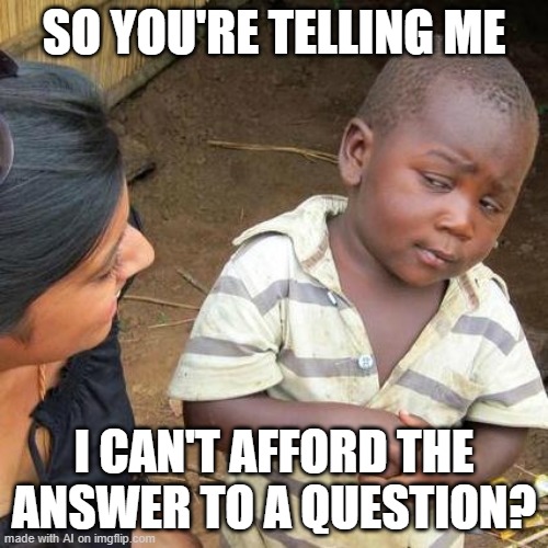 Third World Skeptical Kid | SO YOU'RE TELLING ME; I CAN'T AFFORD THE ANSWER TO A QUESTION? | image tagged in memes,third world skeptical kid | made w/ Imgflip meme maker