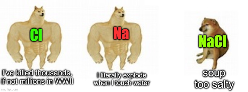 Sodium and Chlorine V.S. Salt | Na; Cl; NaCl; I’ve killed thousands, if not millions in WWII; soup too salty; I literally explode when I touch water | image tagged in 2 buff doge vs 1 cheems,science,memes,funny,salt | made w/ Imgflip meme maker