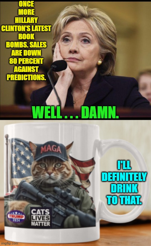 Sometimes things work out just as they should. | ONCE MORE HILLARY CLINTON’S LATEST BOOK BOMBS. SALES ARE DOWN 80 PERCENT AGAINST PREDICTIONS. WELL . . . DAMN. I'LL DEFINITELY DRINK TO THAT. | image tagged in yep | made w/ Imgflip meme maker