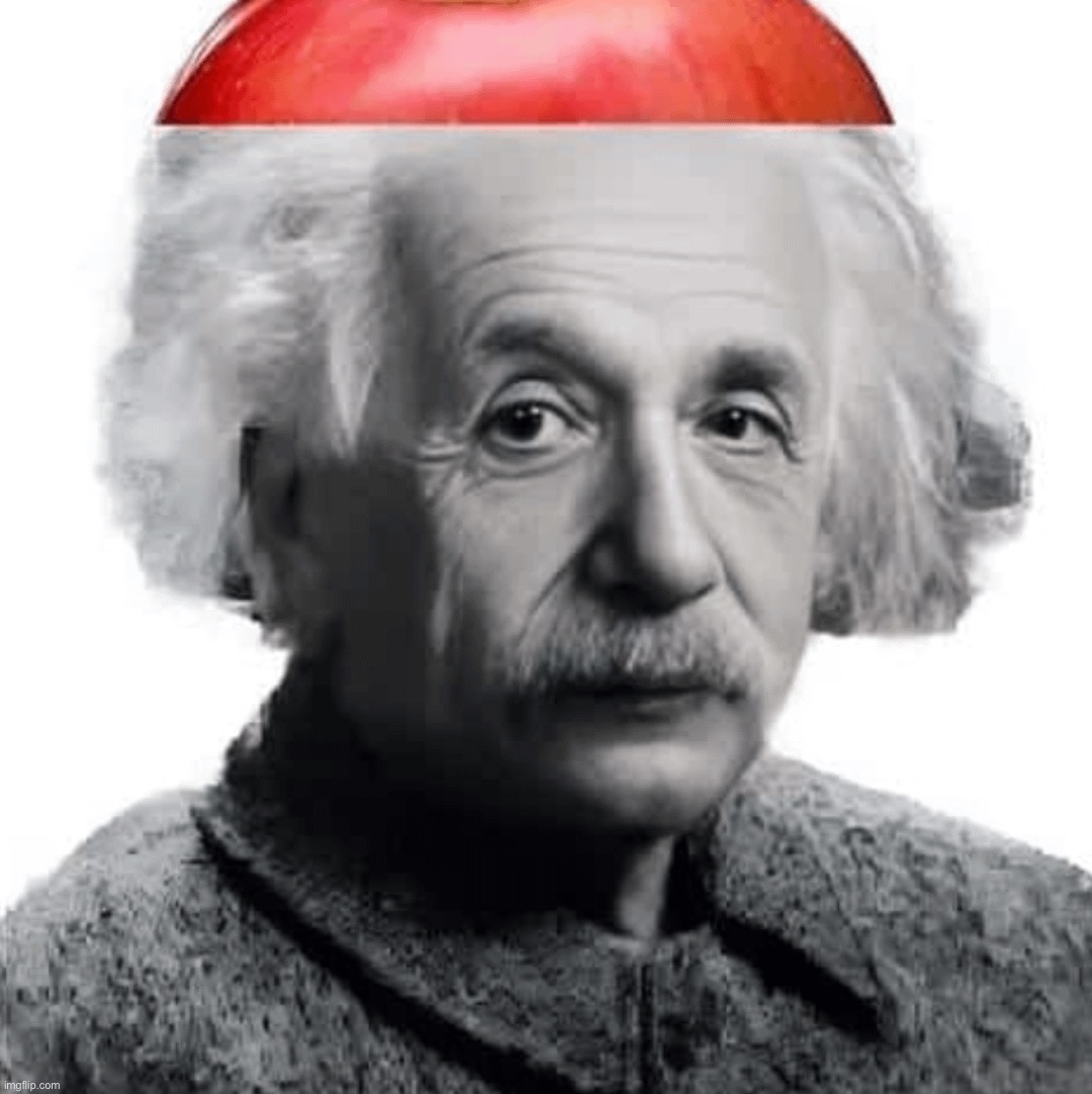 "source code leaker's back" yeah whatever here's einstein with an apple slice on his head | made w/ Imgflip meme maker